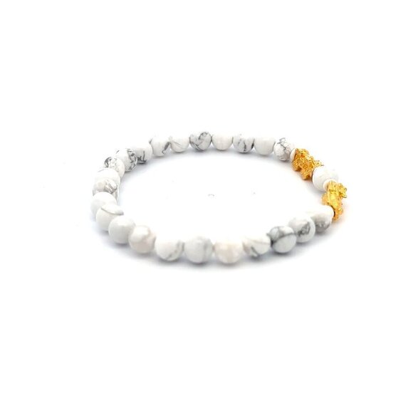 18K Gold Dragon Pixiu Double Piyao Charm Bracelet Gemstones White Howlite 6mm - Picture 3 of 5